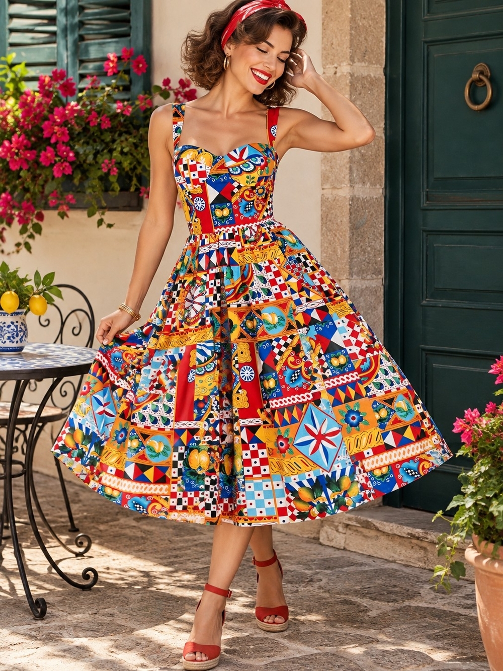 Fashion Nova Multicolor Mediterranean Tile Midi Dress